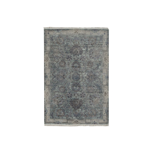 Light Green, Pure Silk with Textured Wool, Mughal Design, Hand Knotted, Oriental Rug