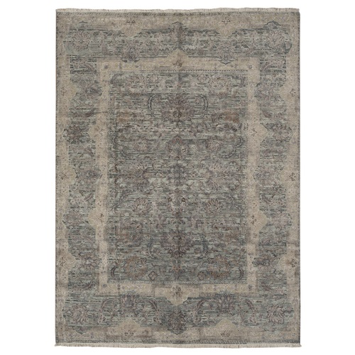 Laurel Green, Pure Silk with Textured Wool, Mughal Design, Hand Knotted, Oriental 