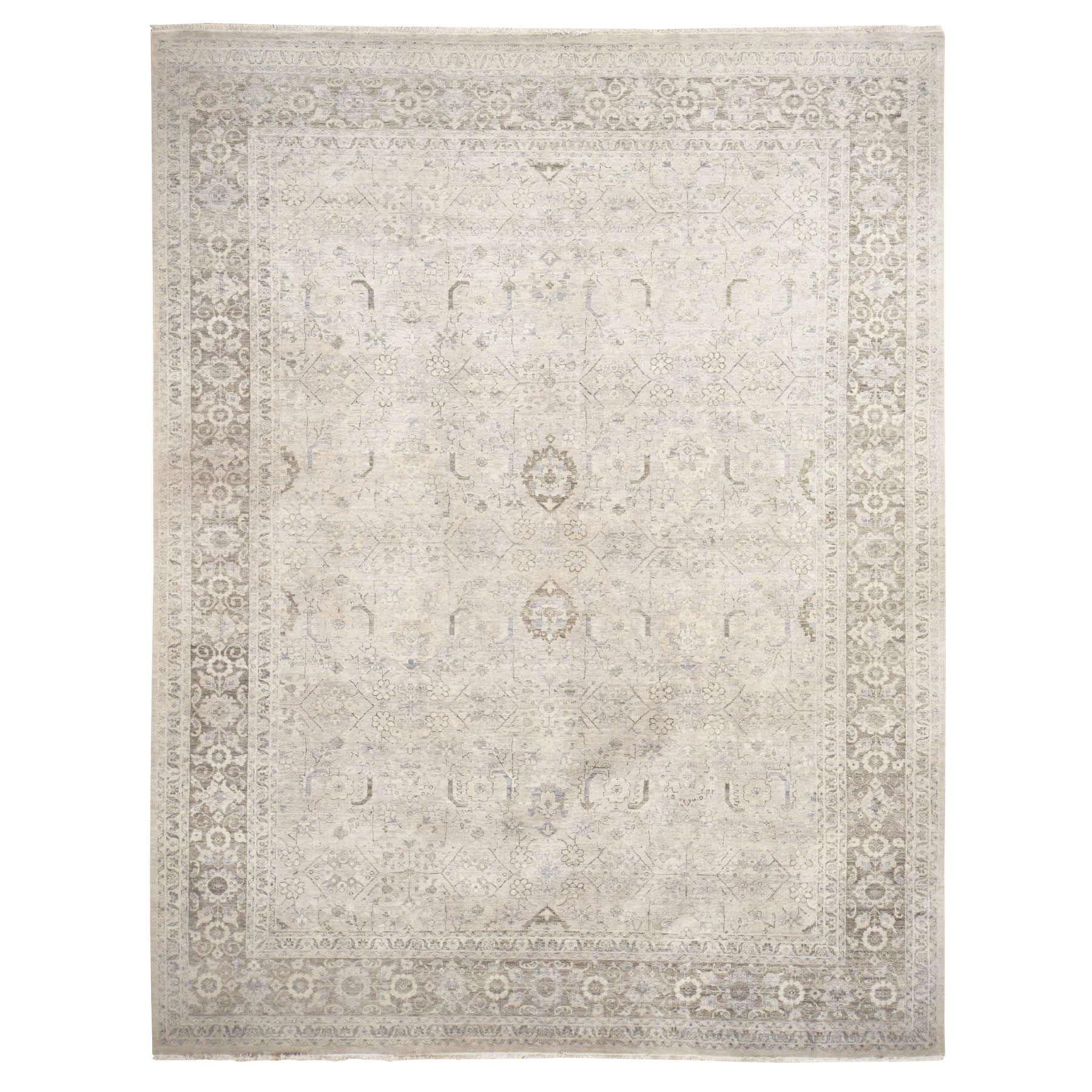 Chateau Gray, Hand Knotted, 100% Wool, Distressed, Persian Sultanabad Influence, Broken and Erased, Pile Cropped Low, Oriental Rug