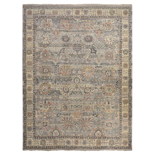 Spanish Gray, Antiqued Tabriz Design, Distressed, Zero Pile, Shaved Low, 100% Wool, Hand Knotted Oriental Rug