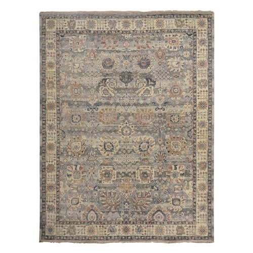 Shades of Gray, Antiqued Tabriz Design, Hand Knotted, Distressed, Zero Pile, Shaved Low, 100% Wool Oriental Rug