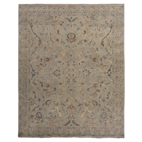 Khaki Brown, Antiqued Persian Ziegler Mahal Design, Distressed, Zero Pile, Shaved Low, 100% Wool, Hand Knotted Oriental Rug