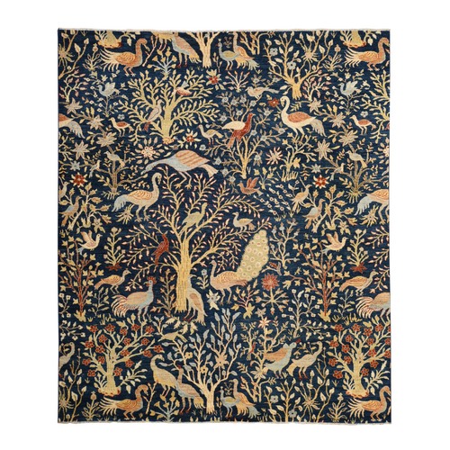 Yale Blue, Birds of Paradise, Afghan Peshawar, Lustrous Soft Pile, 100% Wool, Hand Knotted Oriental Rug