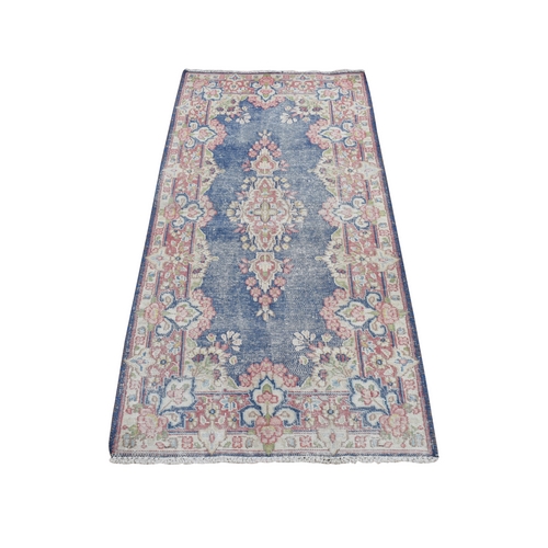 Aegean Blue, Vintage and Worn Persian Kerman, Hand Knotted, Distressed, Pure Wool, Mat, Oriental Rug