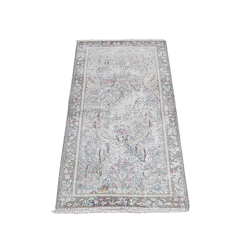 Stone Blue, Worn Down, Vintage Persian Kerman with Bird Figurines and Floral Pattern, Hand Knotted, Pure Wool, Abrash, Distressed, Mat, Oriental Rug