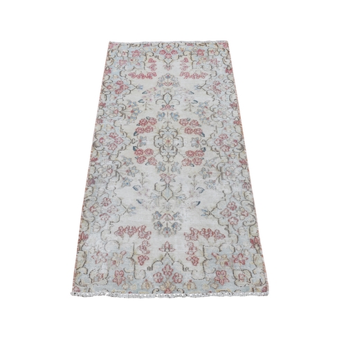 Bone White, Vintage Persian Kerman with Floral Pattern, Worn and Distressed, Hand Knotted, Pure Wool, Oriental Rug