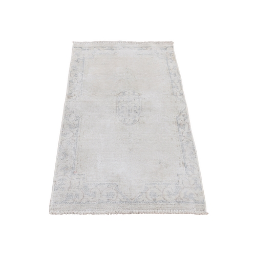 Parchment White, Vintage Persian Kerman, Worn Down, Faded Medallion Design, Hand Knotted, Pure Wool, Mat Oriental Rug