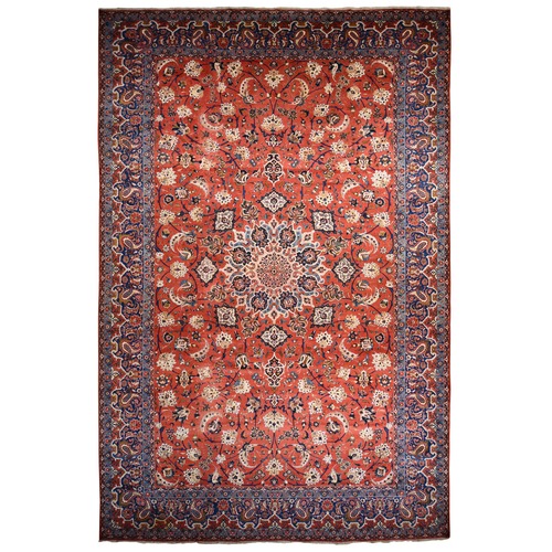 Arsenal Red, Vintage Persian Isfahan, Classic Medallion and Leaf Scrolls Design, Densely Woven, 100% Wool, Hand Knotted, Rare Mansion Size, Oriental 