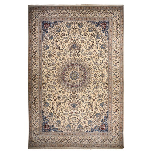 Linen White, Mansion Sized Persian Nain with Medallion Design, Finely Made, 300 KPSI, Wool and Silk, Hand Knotted, Oriental Rug