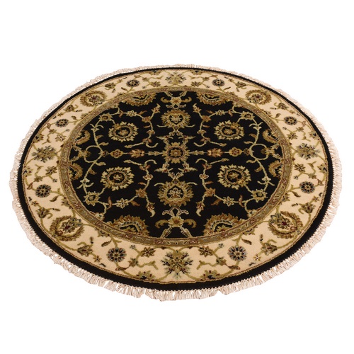 Ink Black, Rajasthan, Floral Pattern, Hand Knotted, Half Wool and Half Silk, Round, Oriental Rug