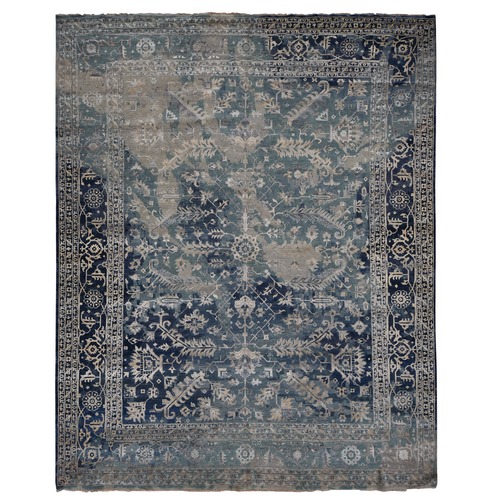 Air Force Blue, Broken and Erased Persian Heriz Design, Wool and Silk, Hand Knotted, Oversized Oriental 