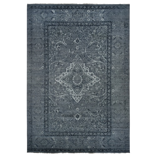 Nickel Gray, Broken and Erased Persian Design, Silk with Textured Wool, Hand Knotted, Oversized Oriental Rug