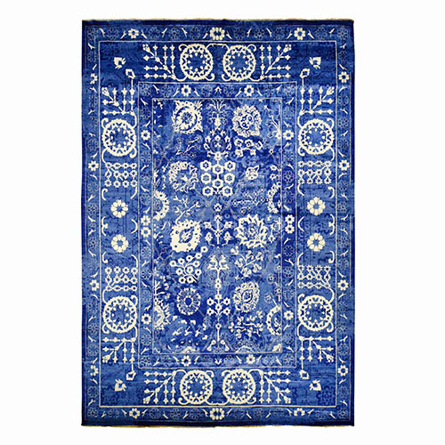 Admiral Blue, Hand Knotted, Tabriz with All Over Leaf Design, Wool and Silk, Tone on Tone, Oriental, Oversized Rug