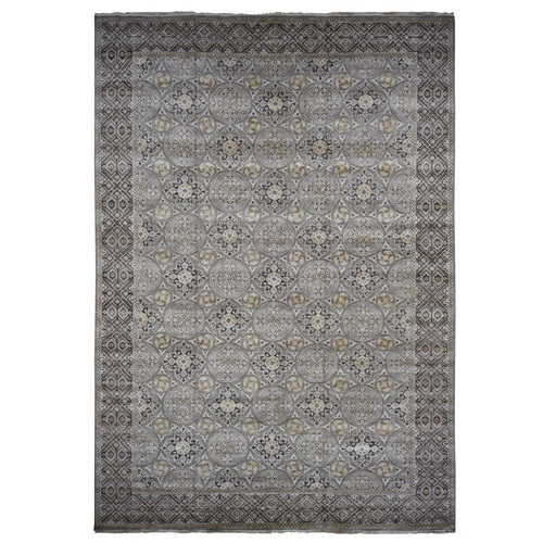 Fossil Gray, Mughal Inspired Medallions Design, Textured Wool and Silk, Hand Knotted, Oversized, Oriental Rug