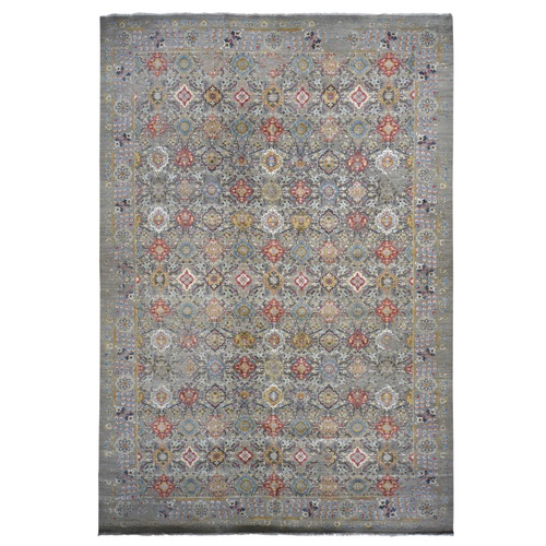 Silver Gray, THE SUNSET ROSETTES, Broken and Erased Persian Inspired Design, Wool and Pure Silk, Hand Knotted, Oversized Oriental Rug