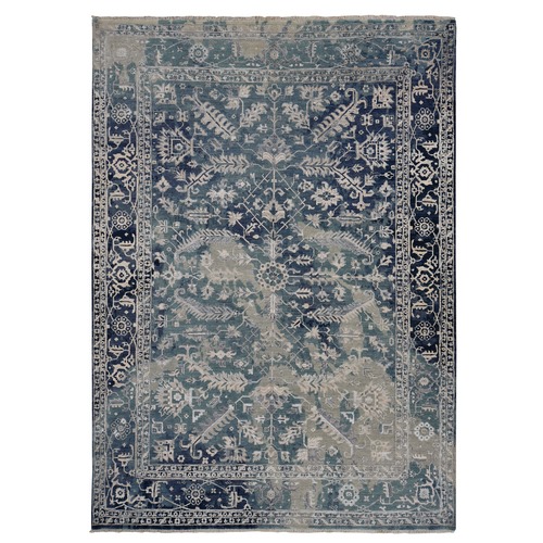 Cambridge Blue, Broken Persian Heriz Erased Design, Wool and Silk, Hand Knotted, Oriental Rug