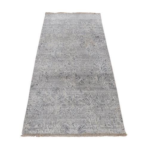 Ash Gray, Hand Knotted, Damask Tone On Tone Design, Wool and Silk, Hi-Lo Pile, Runner Oriental Rug