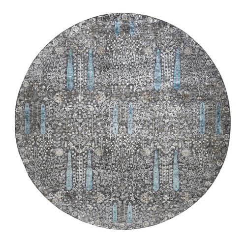 Stone Gray, Cypress Tree Design, Silk with Textured Wool, Hand Knotted, Round Oriental Rug