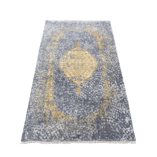 Nickel Gray with Gold Color, Broken and Erased Persian Medallion Design, Wool and Pure Silk, Hand Knotted, Runner Oriental 