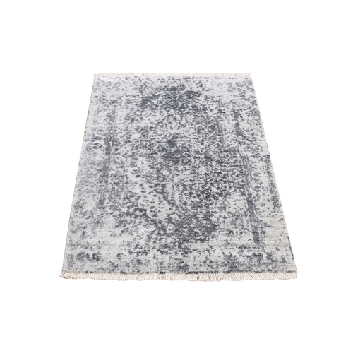 Ice Cube Gray, Broken Persian Design, Hand Knotted, Wool and Silk, Mat Oriental Rug