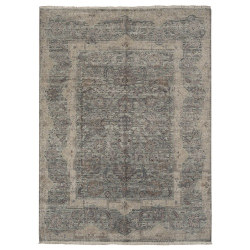Laurel Green, Pure Silk with Textured Wool, Mughal Design, Hand Knotted, Oriental Rug