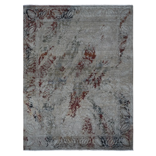 Olive Gray, Broken Tulip Design, Silk with Textured Wool, Hand Knotted, Oriental Rug