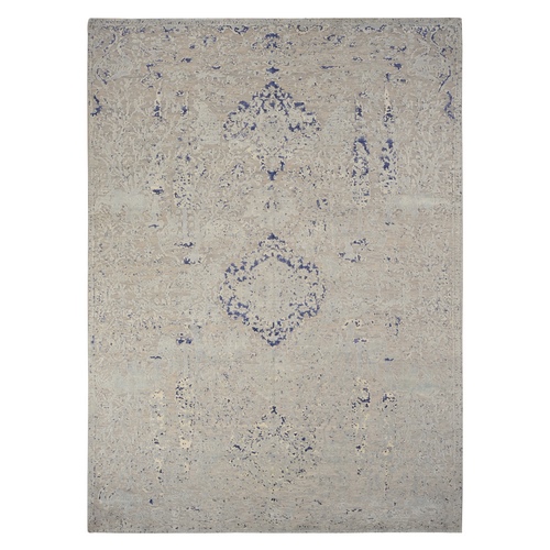 Alice Blue, Broken and Erased Medallion Design, Silk with Textured Wool, Hand Knotted, Oriental Rug