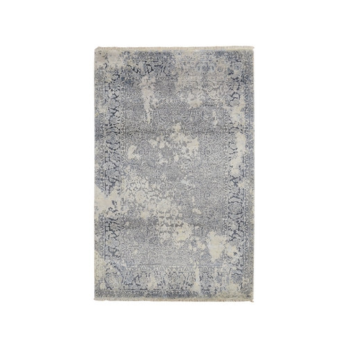 Spruce Blue, Wool with Pure Silk, Broken And Erased Persian Design, Hand Knotted Oriental Rug