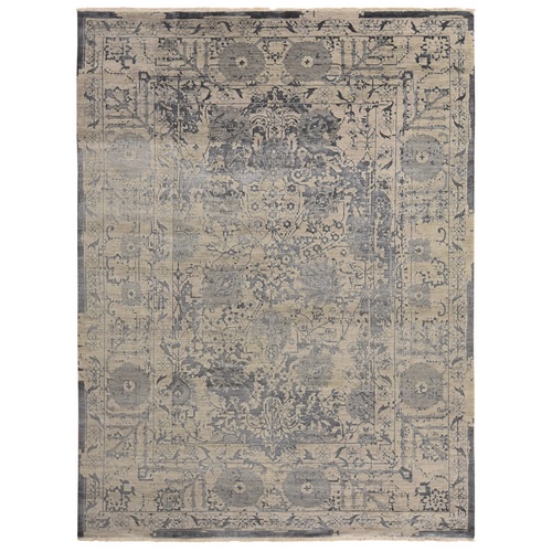 Tan Color, Broken and Erased Persian Design, Wool and Silk, Transitional, Hand Knotted, Oriental Rug