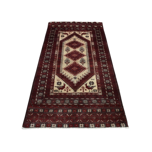 Barn Red, Old Persian Baluch, Geometric and Well Made Featuring a Bird Design, 100% Wool, Hand Knotted, Full Pile and Clean, Oriental 