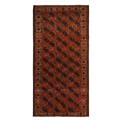 Rust Red, Antique Afghan Ersari with Elephant Feet Design, Clean, Low Even Pile, Gallery Size, 100% Wool, Hand Knotted, Oriental 