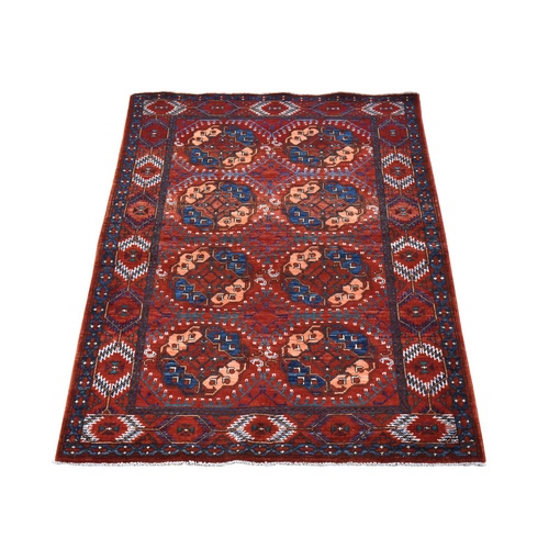 Scarlet Red, Afghan Ersari with Elephant Feet Design, 100% Wool, Hand Knotted, Oriental Rug