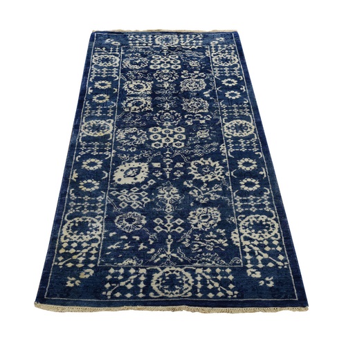 Aegean Blue, Hand Knotted, Wool and Silk, Tone on Tone, Tabriz Vase Design, Short Runner, Oriental 