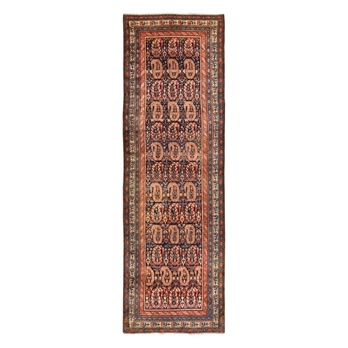 Midnight Blue, Antique Persian, Kurdish Village, Even Wear, Clean, Pliable and Soft Pile, Paisley Botteh Motif, 100% Wool, Hand Knotted, Wide Runner, Oriental 