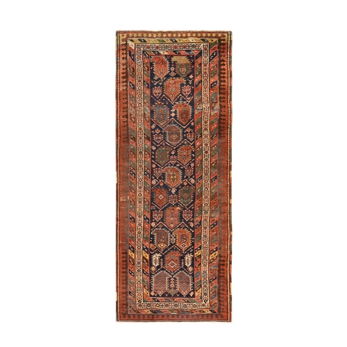 Navy Blue, Antique Persian, Kurdish Village, Even Wear, Clean, Pliable and Soft Low Pile, Paisley Botteh Design, 100% Wool, Hand Knotted, Wide Runner, Oriental 