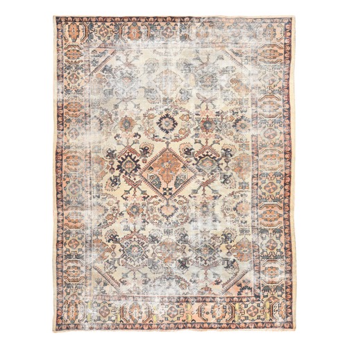 Beige, Antique Persian Mahal, Shabby Chic, Extensive Wear but Clean with No Holes, Sides and Ends Professionally Secured, 100% Wool, Hand Knotted, Oriental 