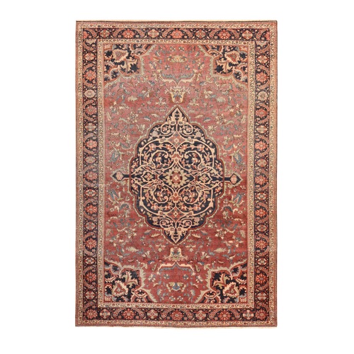 Blush Red, Antique Persian Fereghan Sarouk, Medallion Design, Even Low Pile, Soft, 100% Wool, Hand Knotted, Oriental Rug
