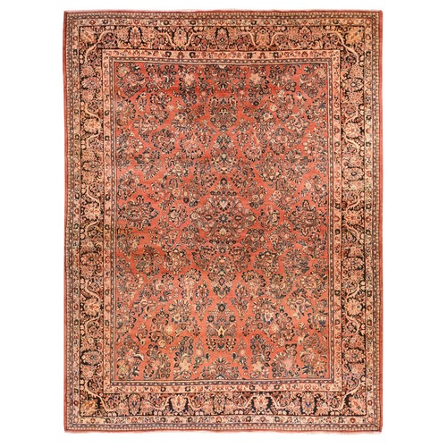Coral Pink, Antique Persian Sarouk, 100% Wool, Hand Knotted, Thick and Plush, Full Pile, Soft and Clean, Oriental 