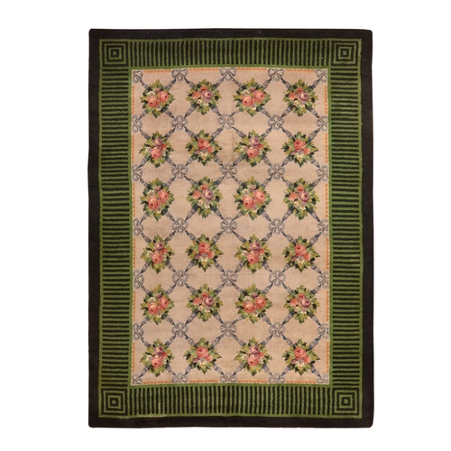Bone White, Mid Century European Spanish Savonnerie with Flower Trellis Design, Excellent Condition, Professionally Cleaned, Thick & Plush, Hand Knotted, Natural Wool, Fine Oriental 