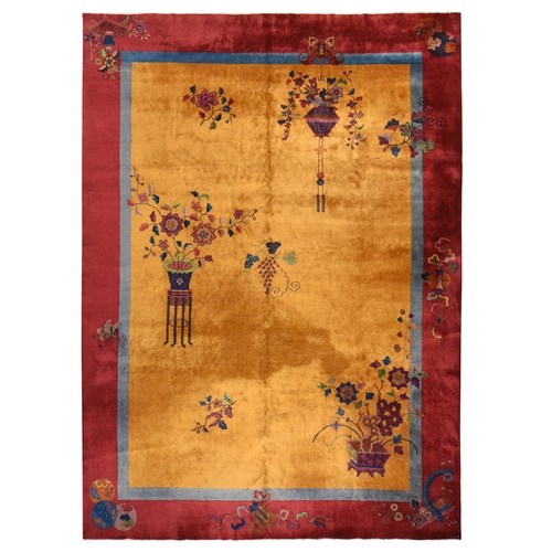 Gold Color, Antique Chinese Art Deco with Vase, Floral and Hanging Lamps Design, Full Pile, Soft, Hand Knotted, Pure Wool, Oriental 
