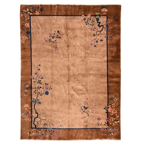 Almond Brown, Antique Chinese Art Deco, Excellent Condition, Full Pile, Hand Knotted, 100% Wool, Oriental 