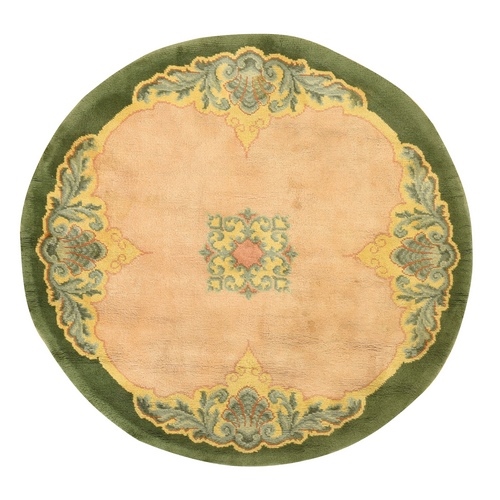 Beige with Green Border, Antique Art Nouveau European Made Savonnerie, Thick and Plush, Signed on the Back, Clean and in Excellent Condition, Hand Knotted, 100% Wool, Round, Oriental 