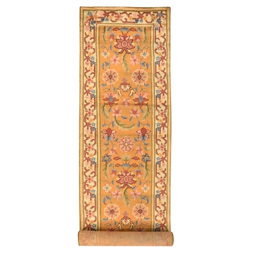 Golden Yellow, Arts and Crafts European Design, Spanish, 100% Wool, Hand Knotted, XL, Wide Runner, Oriental 