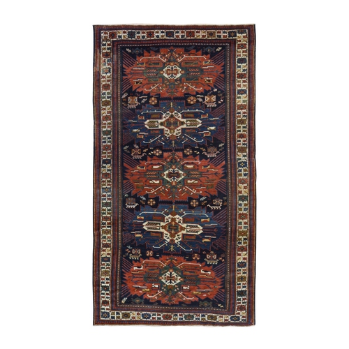 Midnight Blue, Zejwa Quba Antique Caucasian with Large Geometric Elements, 19th Century, Excellent Condition, Gallery Size, Hand Knotted, 100% Wool, Extra Wide Runner, Oriental 