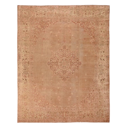 Greenish Brown, Antique Persian Tabriz with Open Field Medallion Design, Zero Pile, Distressed, Clean, Even Wear, Hand Knotted, 100% Wool, Oriental 