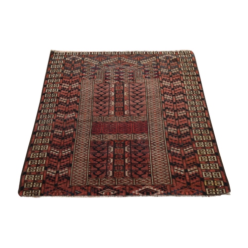 Syrah Red, Antique Torkaman Hutchlu Design, Clean, Even Wear, Low Pile, Sides and Ends Professionally Secured, Hand Knotted, 100% Wool, Square, Oriental 