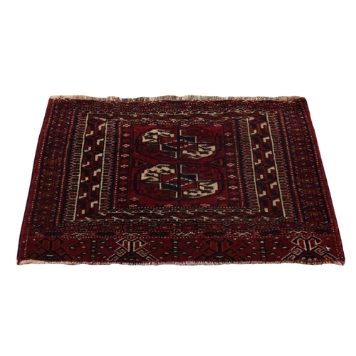 Merlot Red, Antique Tourkaman Bokara Bag Face, Clean, Soft, Sides and Ends Professionally Secured, 100% Wool, Hand Knotted, Mat, Oriental 