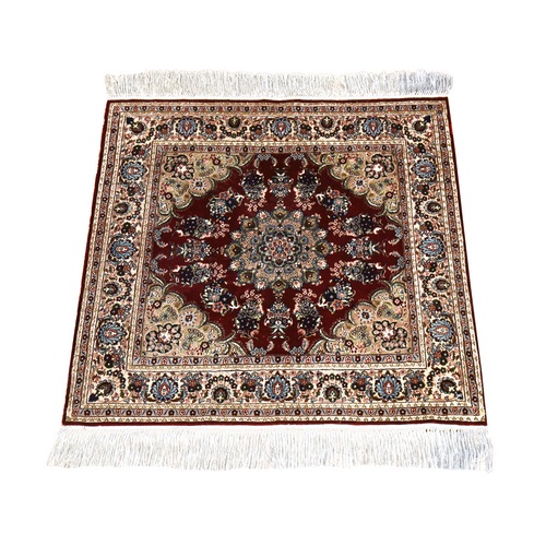 Rhubarb Red, Super Fine Sino Persian, Pure Silk, 500 KPSI, Medallion Design, Hand Knotted, Mat, Square, Oriental 