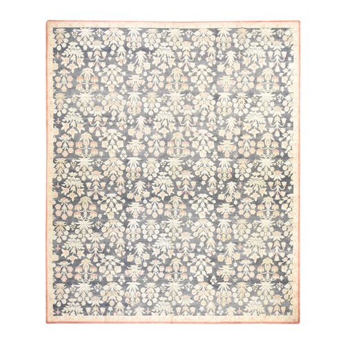 Charcoal Black, Oxidized Wool and Silk, Mughal Flower Design, Textured, Hand Knotted, Squarish, Oriental 