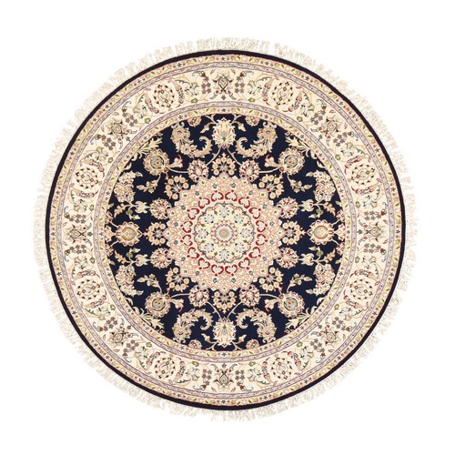 Midnight Blue, Nain with Flower Medallion Design, Hand Knotted, Soft Pile, 250 KPSI, Wool and Silk, Round, Oriental Rug